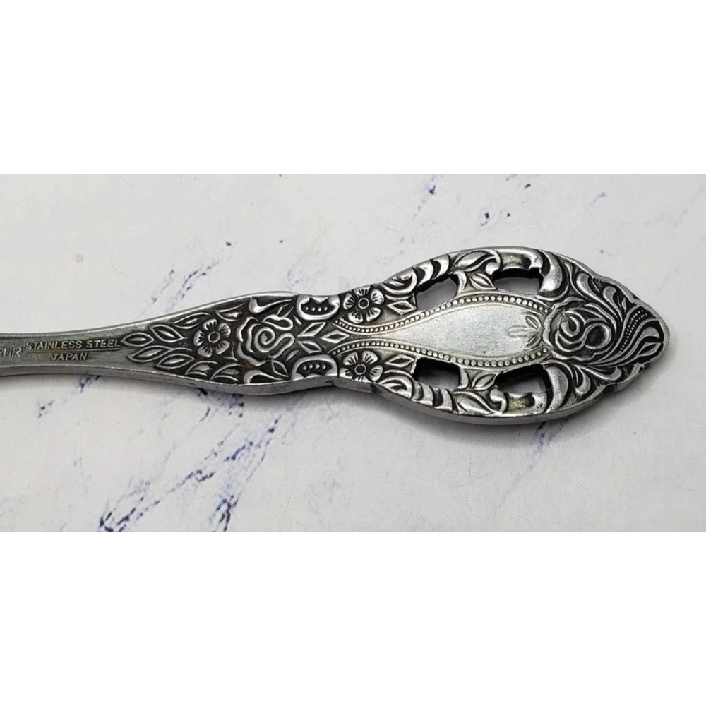 Vintage Interpur Japan Stainless Steel Floral Pattern Mid Century Spoon
